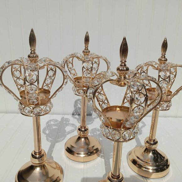 Golden Crown Candlesticks Crystal Candle Holders Tealights SET OF 4 Princess - Picture 3 of 16
